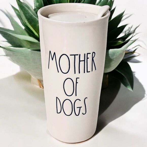 NWT Rae Dunn Gorgeous MOTHER OF DOGS Off White Tall Travel Ceramic Mug with Lid - Picture 1 of 12